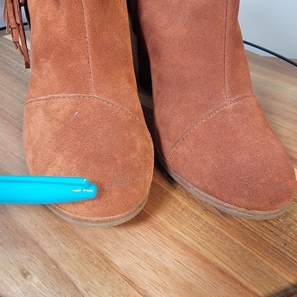 Toms Lunata Brown Cognac Rust suede fringe heel Booties boho western Size 8.5 - Picture 13 of 16